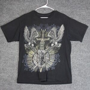 Affliction Type T Shirt Mens Large Black Grunge Goth Skater Eagles‎ Sword Shield